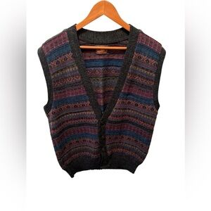 VTG ALPS Men’s Wool Blend Sweater Vest Sz M Button Down Jewel Tones/Gray Grandpa